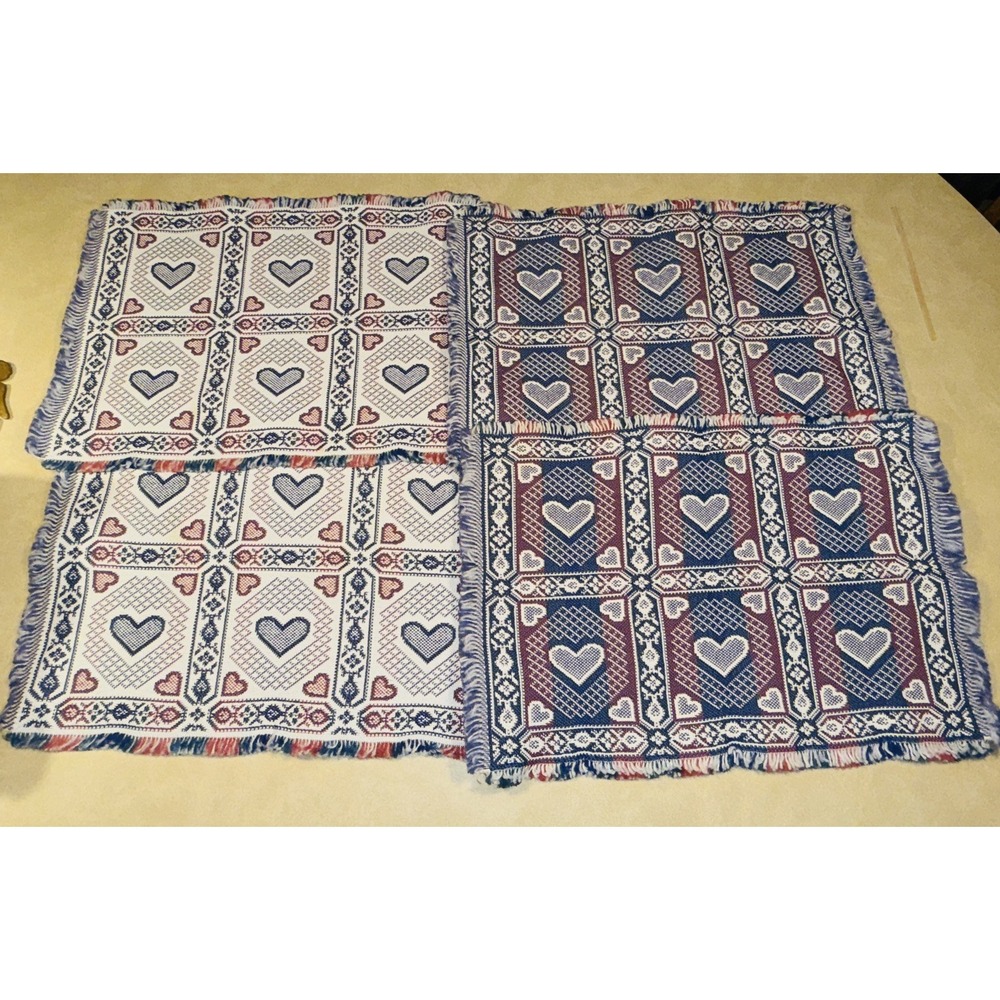 Vtg Heart Blue and Pink Woven Placemats Set of 4 17"x12" Grandma Chic w Runner
